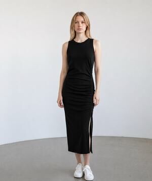 Michael Stars Taja Sleeveless Shirred Seam Midi Dress Black NWOT Size XS